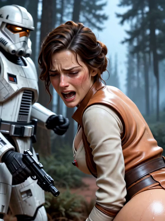 Star Wars universe: a stormtrooper perform a anal fisting on a Rey Skywalker ; cinematic lighting, action film style. A 