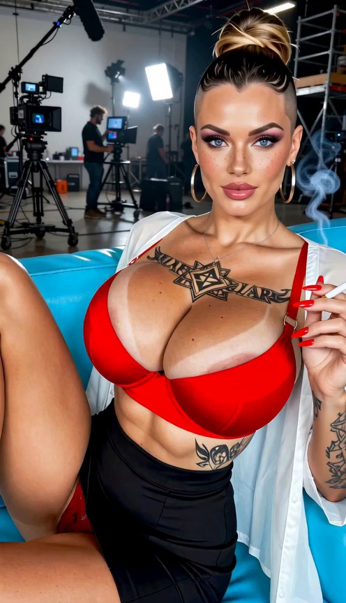 Porn star, sitting on couch, sun tanned skin, intense blue eyes, very long legs, high heeled clogs, tight red tube skirt