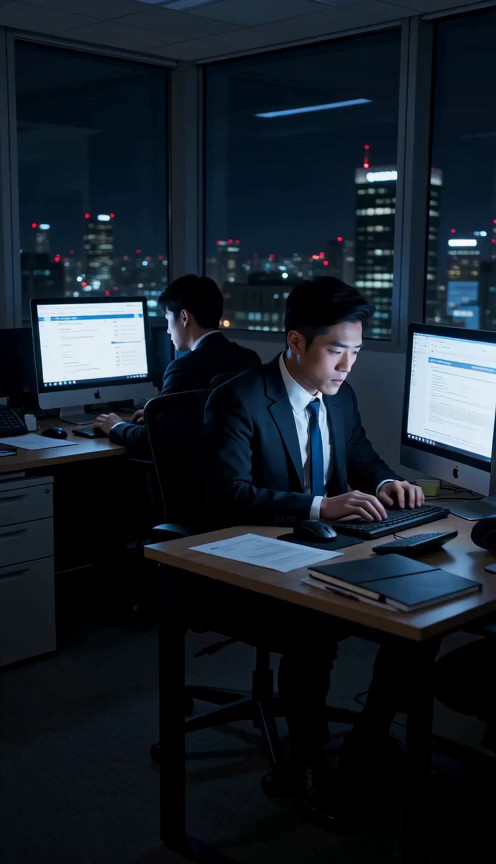 scene begins with a two man in a suit working on his computer in the middle of the night, the woman is exposing her brea