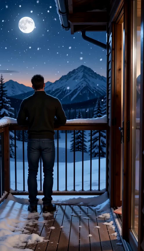 The scene opens on a balcony at dusk as snow falls. A man is gazing at the view when a woman steps out from the room; sa