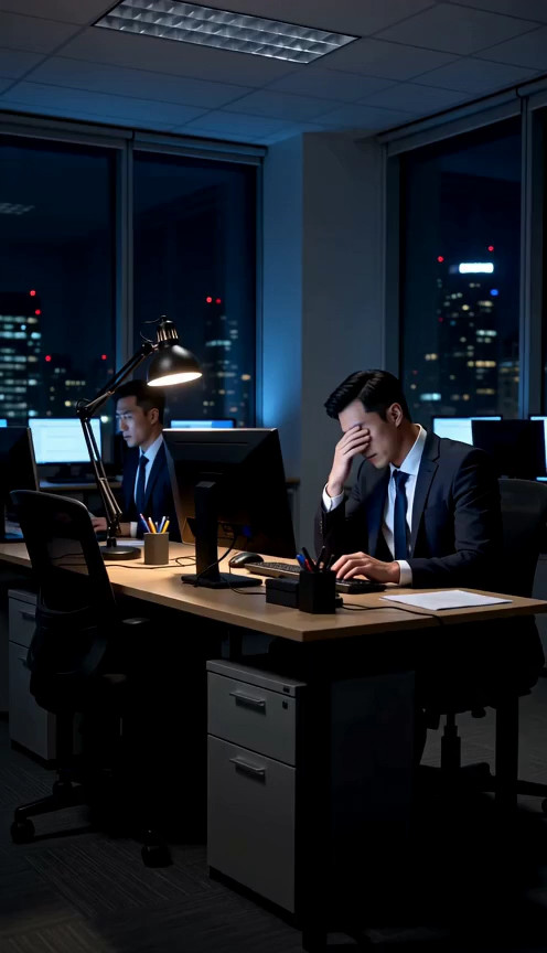 scene begins with a two man in a suit working on his computer in the middle of the night, the woman is exposing her brea