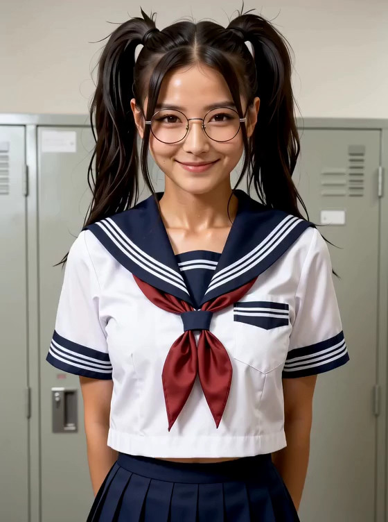 asian from the image is wearing japanese sailor uniform, twin ponytails and round glasses. Shy smile at the viewer. She 