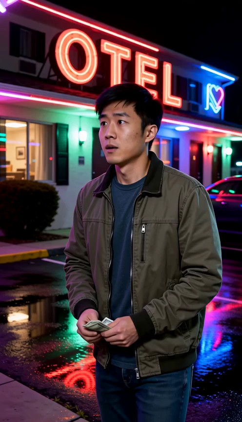 Scene begins with a Chinese Guy outside cheap motel at night with money in hand. He knocks on the door, and an almost co