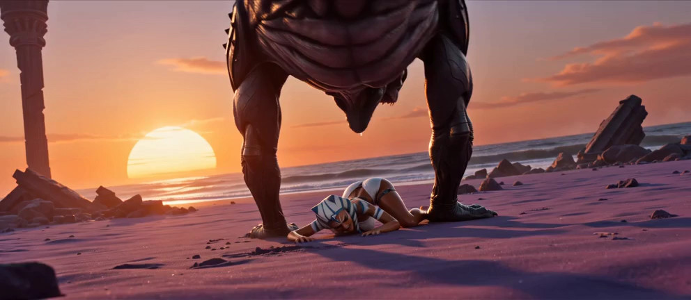 A performs anal penetration on a woman; cinematic lighting, action-movie style. The thrusts its enormous cock into the w
