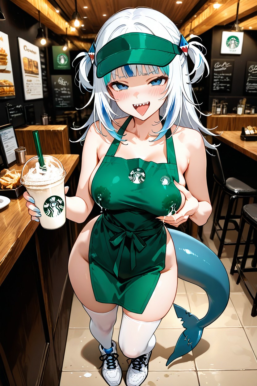 opens the cup, bares one breast, milks into a glass, wags its tail