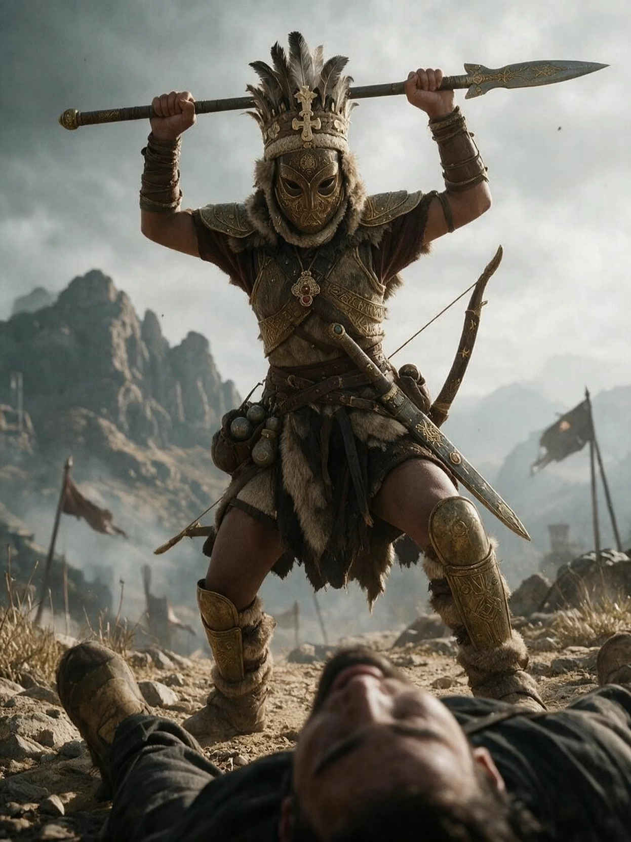 In the background, the sounds of combat, clashing weapons and humans, can be …