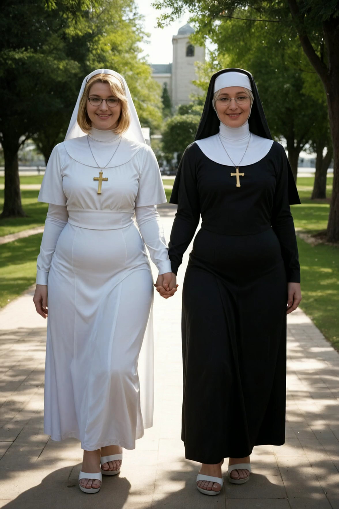 They hold hands as they walk through the park and the nun wearing white turns…